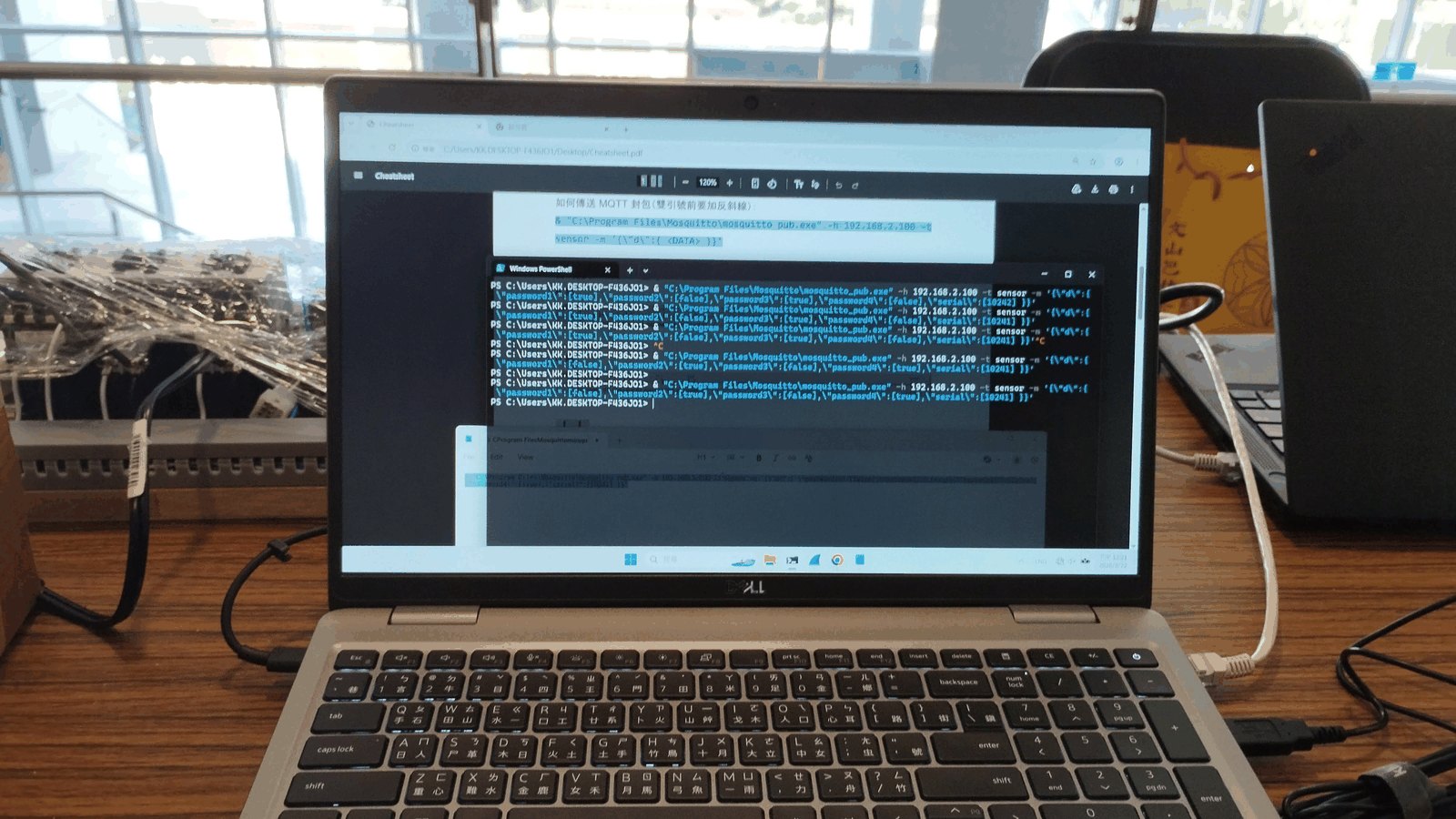 A laptop terminal sending MQTT commands